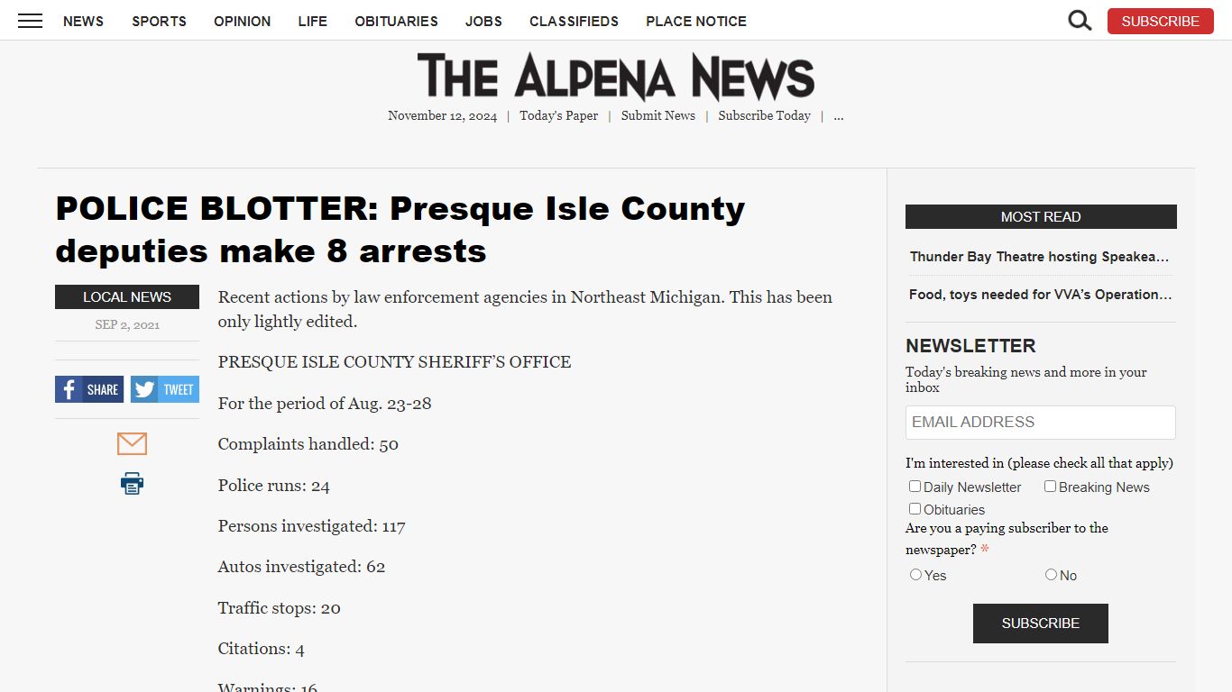 POLICE BLOTTER: Presque Isle County deputies make 8 arrests