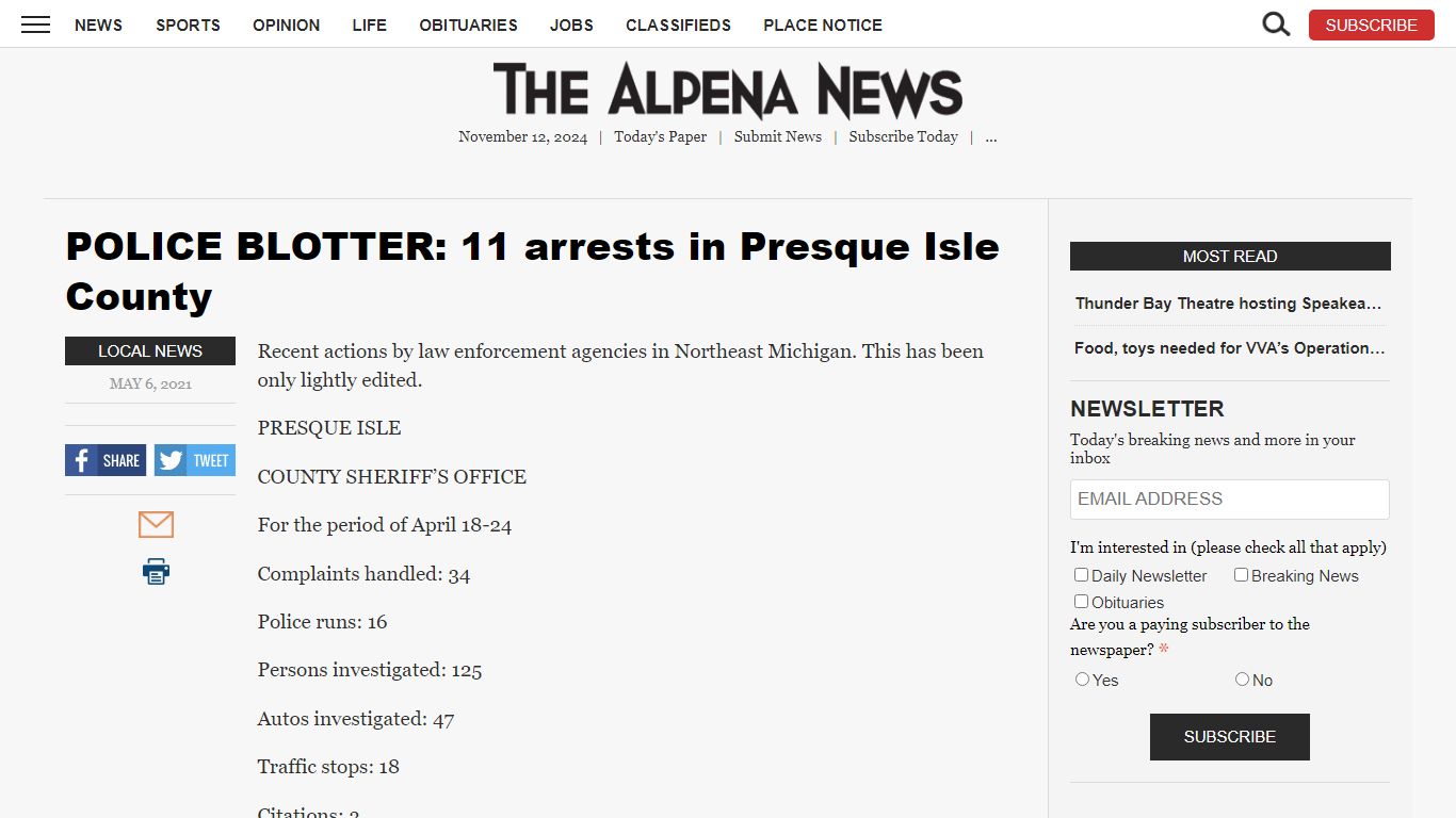 POLICE BLOTTER: 11 arrests in Presque Isle County